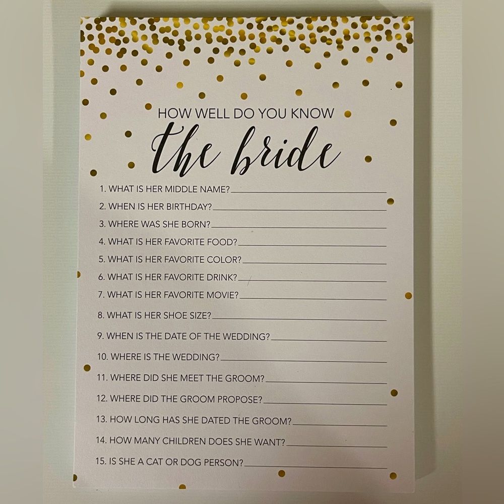 (077) NEW Bridal Shower Game Cards (4 games and 1 “advice” set)